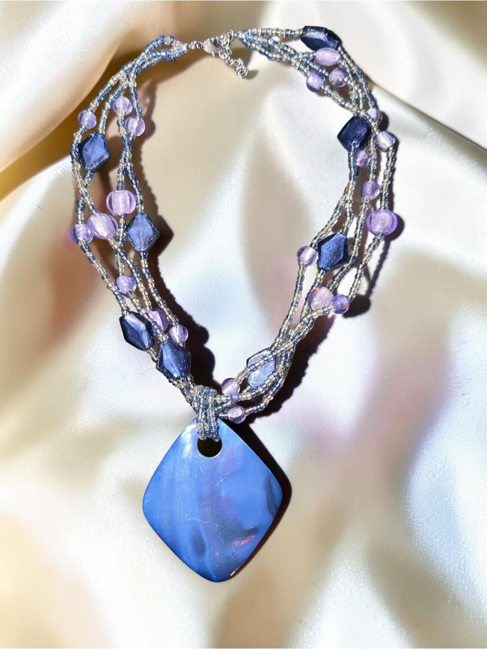 Blue Purple Multi Strand Beaded Statement Necklace with Large Pendant - Picture 3 of 6